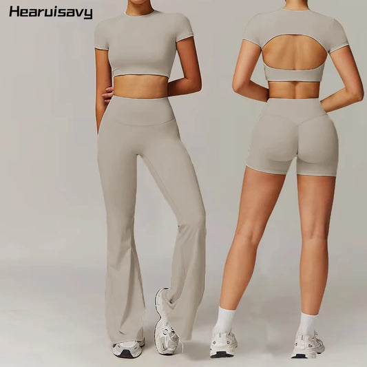 Hearuisavy 2PCS Sports Set Women's Workout T-shirts Gym Clothing Women Fitness Suits High Waist Leggings Sportswear Yoga Set