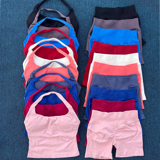 Impact Gym Set Halter Top Set Yoga Leggings Shorts Set Backless Tights Bra Vest Seamless Stretch Ribbed Buttocks Lift Shorts Set