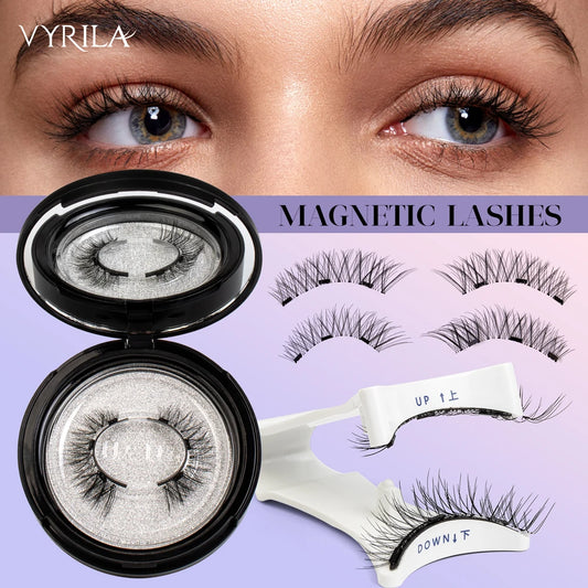 VYRILA 2Pairs Reusable Magnetic Lashes with Magnets Tweezer No Glue Needed D Magnetic Eyelash 3-Step Press On False Eyelash