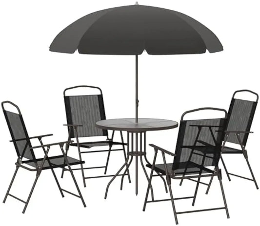 6 Piece Patio Dining Set for 4 with Umbrella, Outdoor Table and Chairs with 4 Folding Dining Chairs & Round Glass Table