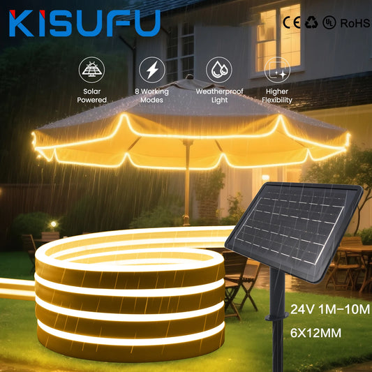 Newly 24V COB Solar Neon Light Strips Waterproof Warm White 6X12MM Flexible Neon Rope Light Home Garden Decor 1m 2m 3m 4m 5m 10m