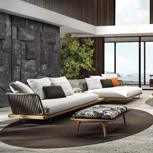 Luxury Teak Garden Sofa Hotel Villa Outdoor Aluminum Braided Rope Patio Set Waterproof Cushion Leisure Garden Furniture