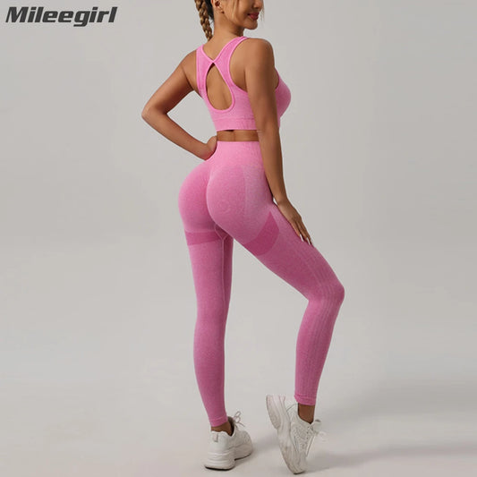 Mileegirl 2pcs Sport Sets Women Gym, Push Up Yoga Pants, Hollow Back Gym Fitness Bra, Workout Leggings, Seamless Tights Sets