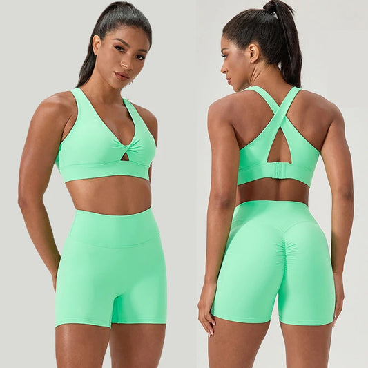 Two Pieces Fitness Yoga Set Women Solid Color Summer Gym Running Suit Breathable Quick Dry Short Sportswear Workout Clothes